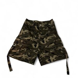 Camo cargo shorts with adjustable waist tie and multiple pockets